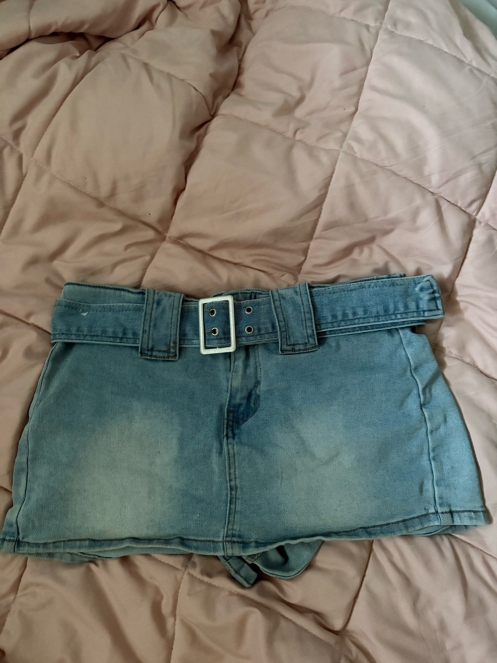 Denim Mini Skort with Belt - Light Blue